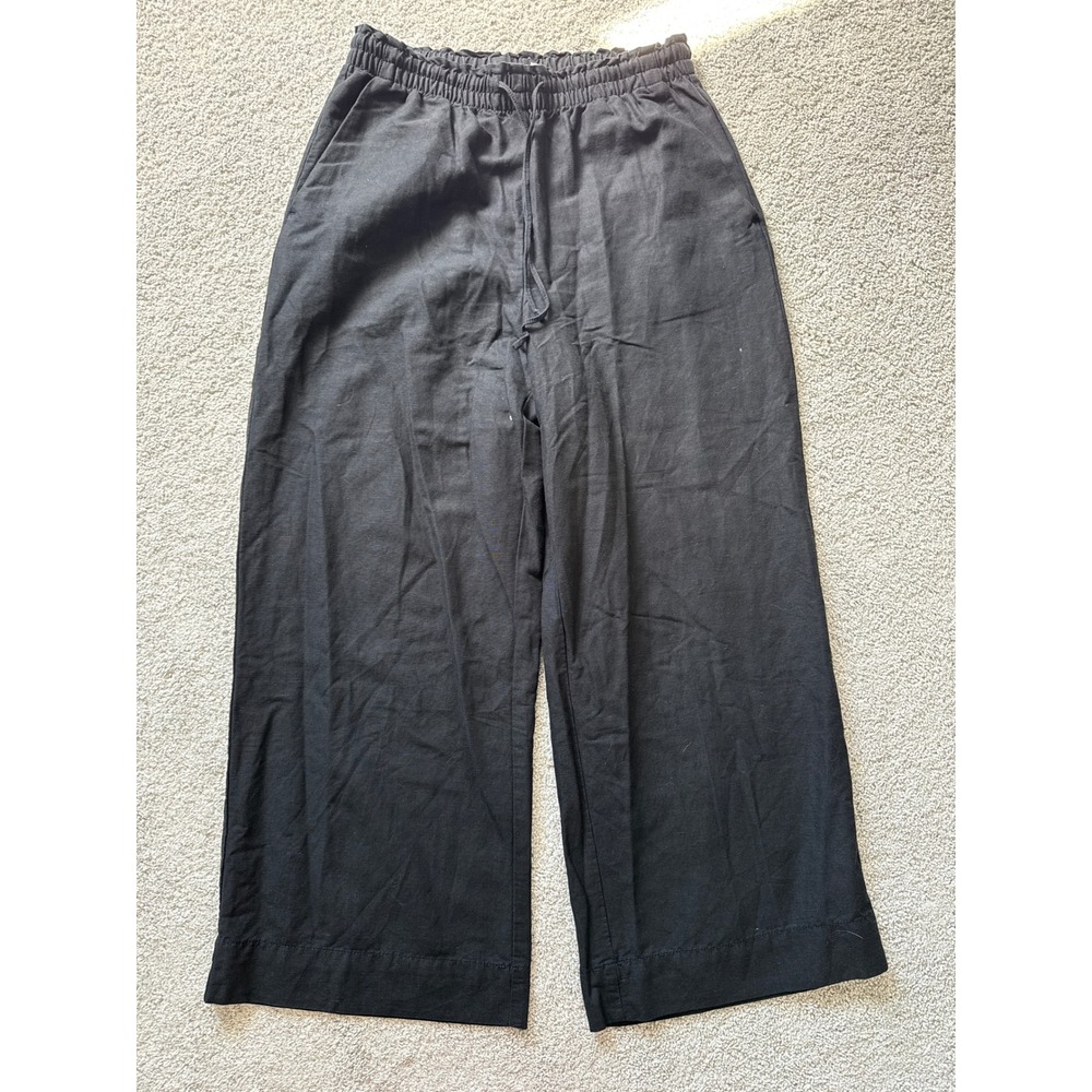HM Womens Black Linen Blend Wide Leg Paperbag Waist Drawstring Pants Size S